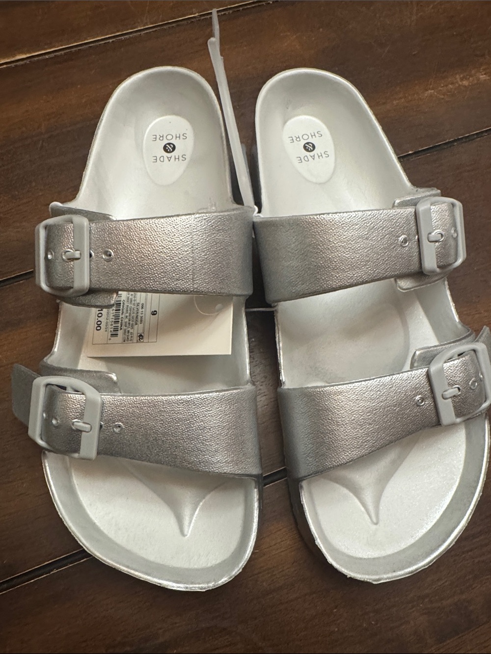 Shade & Shore Metallic Silver Double Buckle Slides size 9